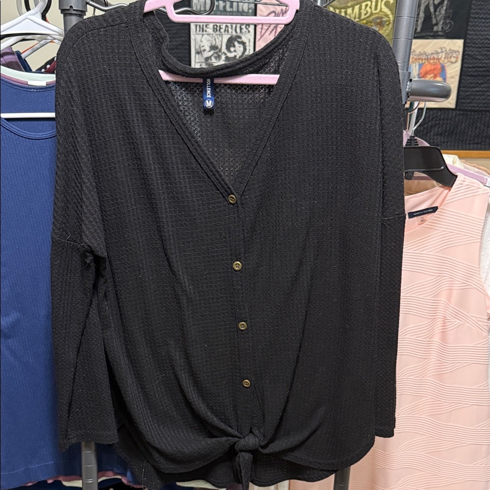 Unbranded Black Knot-Front Button Long-Sleeve Top